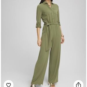 Button-Front Olive Green Tie-Waist Jumpsuit by Chicos. Size 2